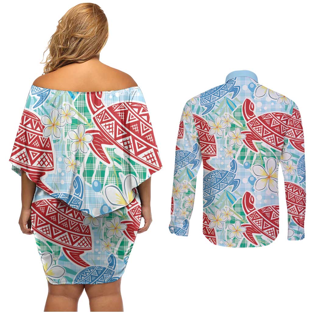 Palaka with Honu and Plumeria Couples Matching Off Shoulder Short Dress and Long Sleeve Button Shirt Hawaiian Heritage Spirit - Polynesian Pride