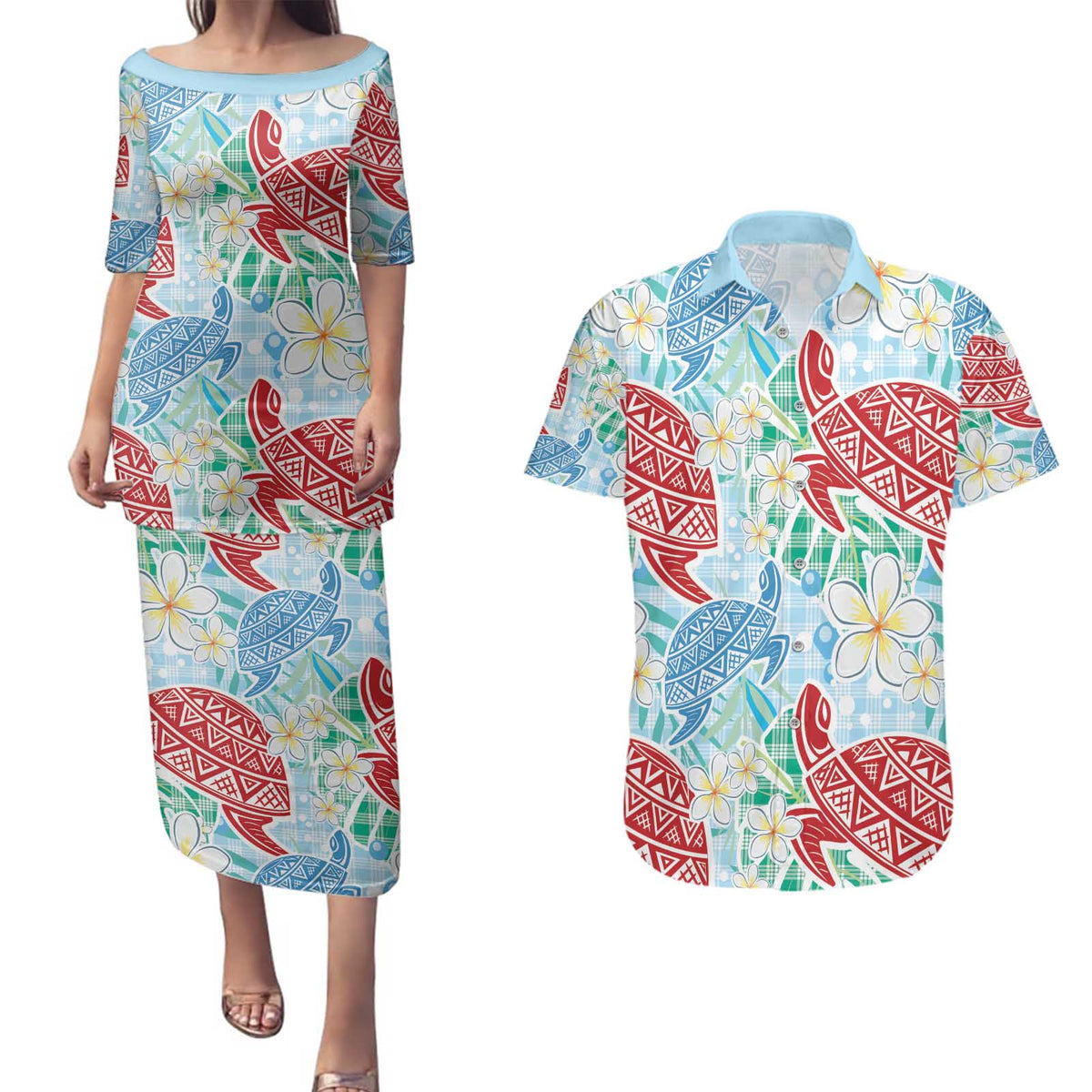Palaka with Honu and Plumeria Couples Matching Puletasi and Hawaiian Shirt Hawaiian Heritage Spirit - Polynesian Pride