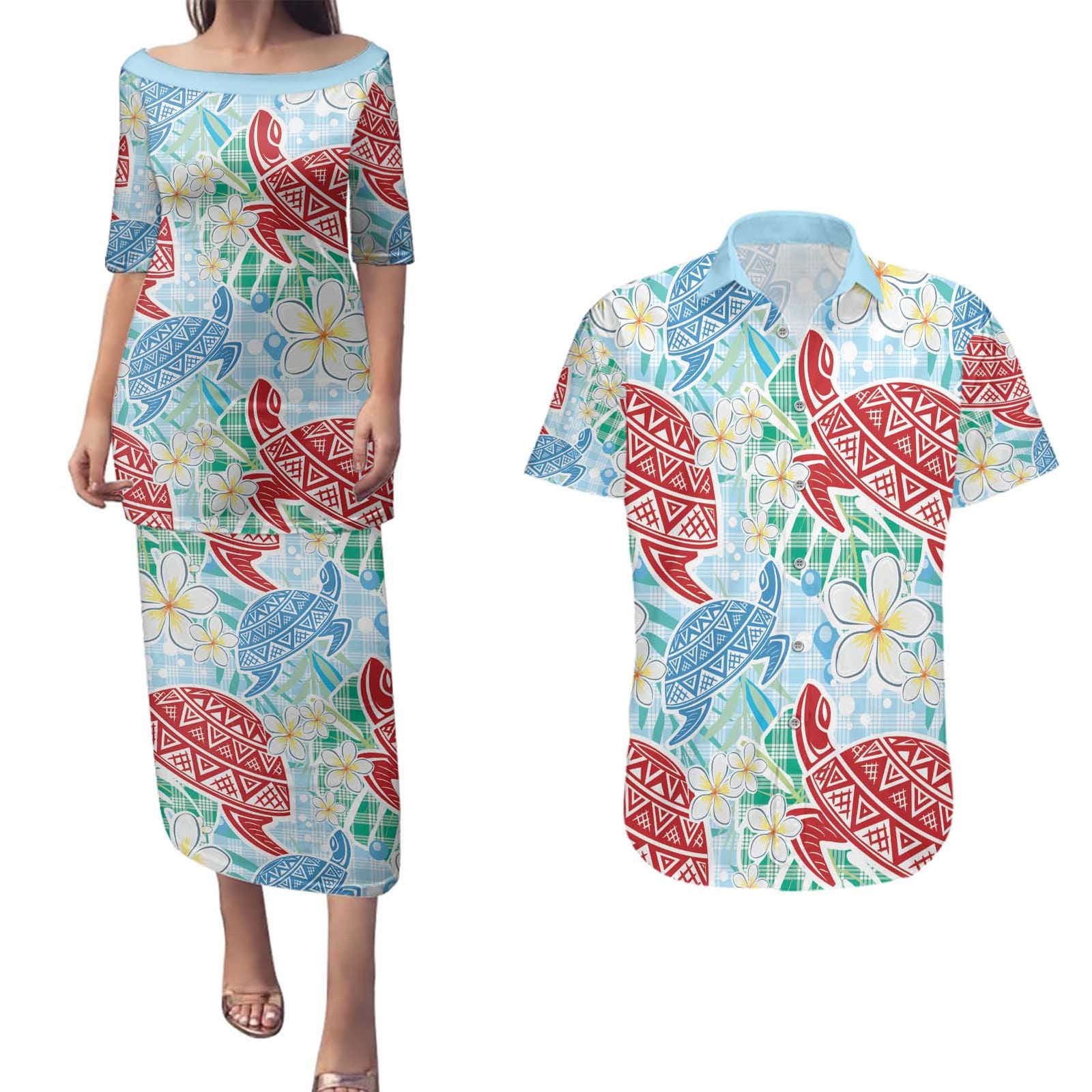 Palaka with Honu and Plumeria Couples Matching Puletasi and Hawaiian Shirt Hawaiian Heritage Spirit - Polynesian Pride