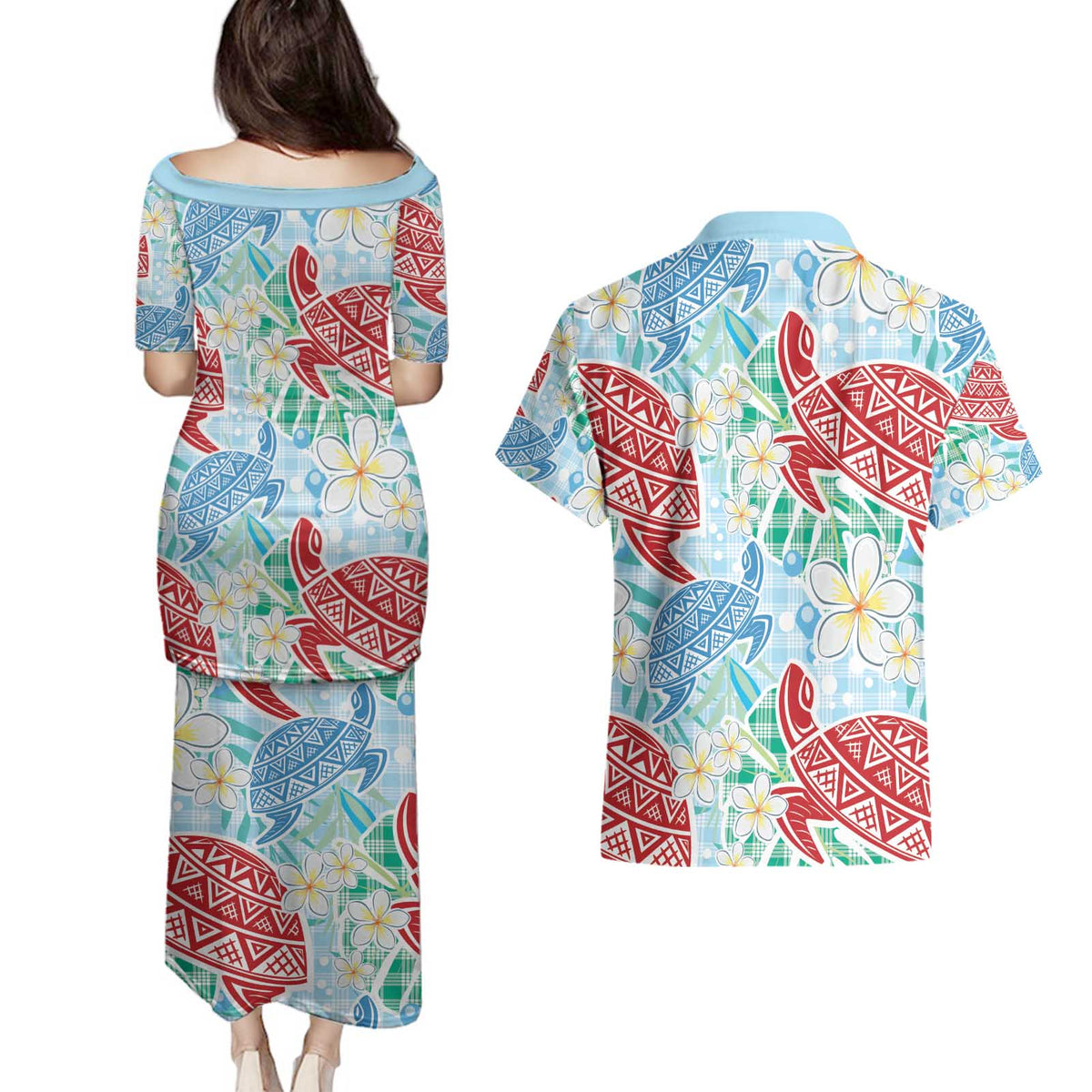 Palaka with Honu and Plumeria Couples Matching Puletasi and Hawaiian Shirt Hawaiian Heritage Spirit - Polynesian Pride