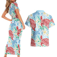 Palaka with Honu and Plumeria Couples Matching Short Sleeve Bodycon Dress and Hawaiian Shirt Hawaiian Heritage Spirit - Polynesian Pride