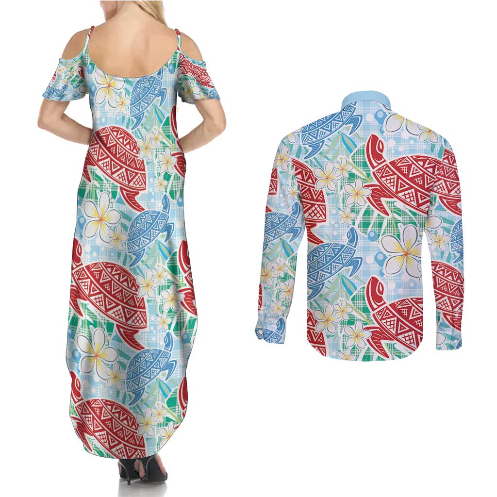 Palaka with Honu and Plumeria Couples Matching Summer Maxi Dress and Long Sleeve Button Shirt Hawaiian Heritage Spirit - Polynesian Pride