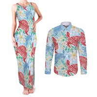 Palaka with Honu and Plumeria Couples Matching Tank Maxi Dress and Long Sleeve Button Shirt Hawaiian Heritage Spirit - Polynesian Pride