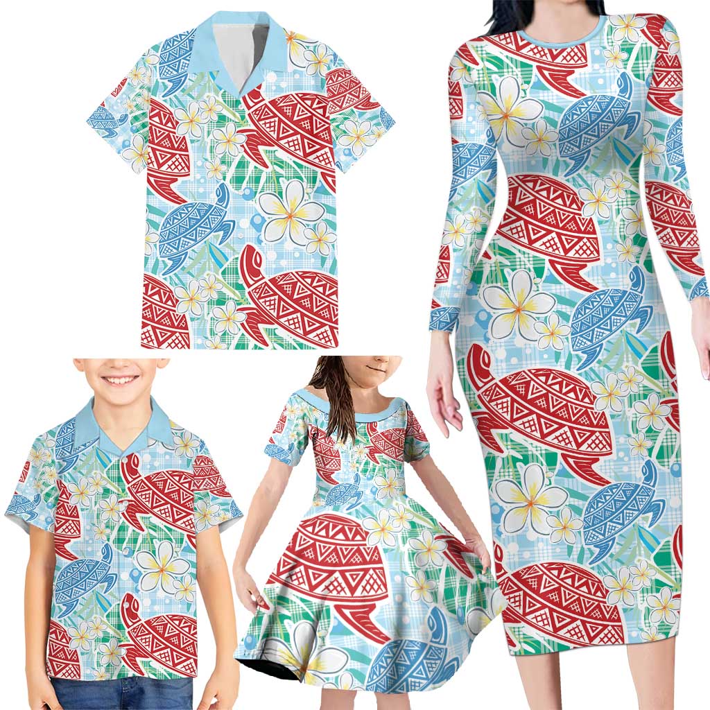 Palaka with Honu and Plumeria Family Matching Long Sleeve Bodycon Dress and Hawaiian Shirt Hawaiian Heritage Spirit - Polynesian Pride