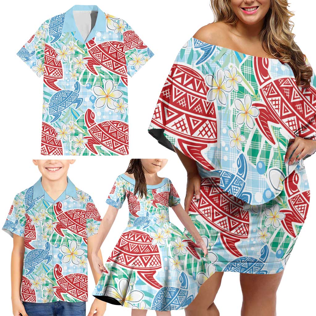 Palaka with Honu and Plumeria Family Matching Off Shoulder Short Dress and Hawaiian Shirt Hawaiian Heritage Spirit - Polynesian Pride