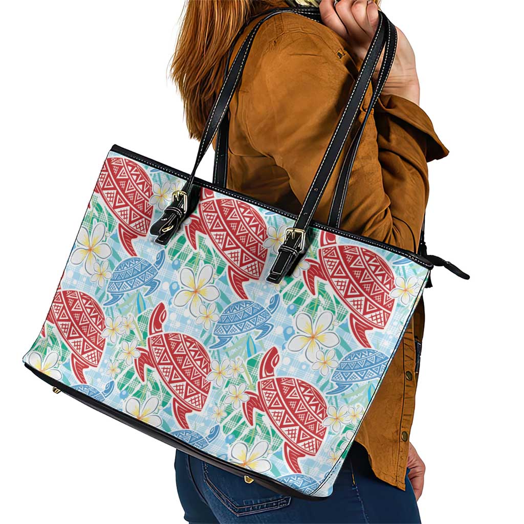Palaka with Honu and Plumeria Leather Tote Bag Hawaiian Heritage Spirit - Polynesian Pride