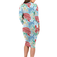 Palaka with Honu and Plumeria Long Sleeve Bodycon Dress Hawaiian Heritage Spirit - Polynesian Pride