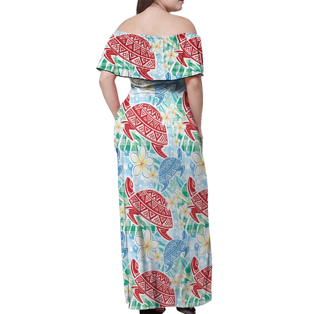 Palaka with Honu and Plumeria Off Shoulder Maxi Dress Hawaiian Heritage Spirit - Polynesian Pride