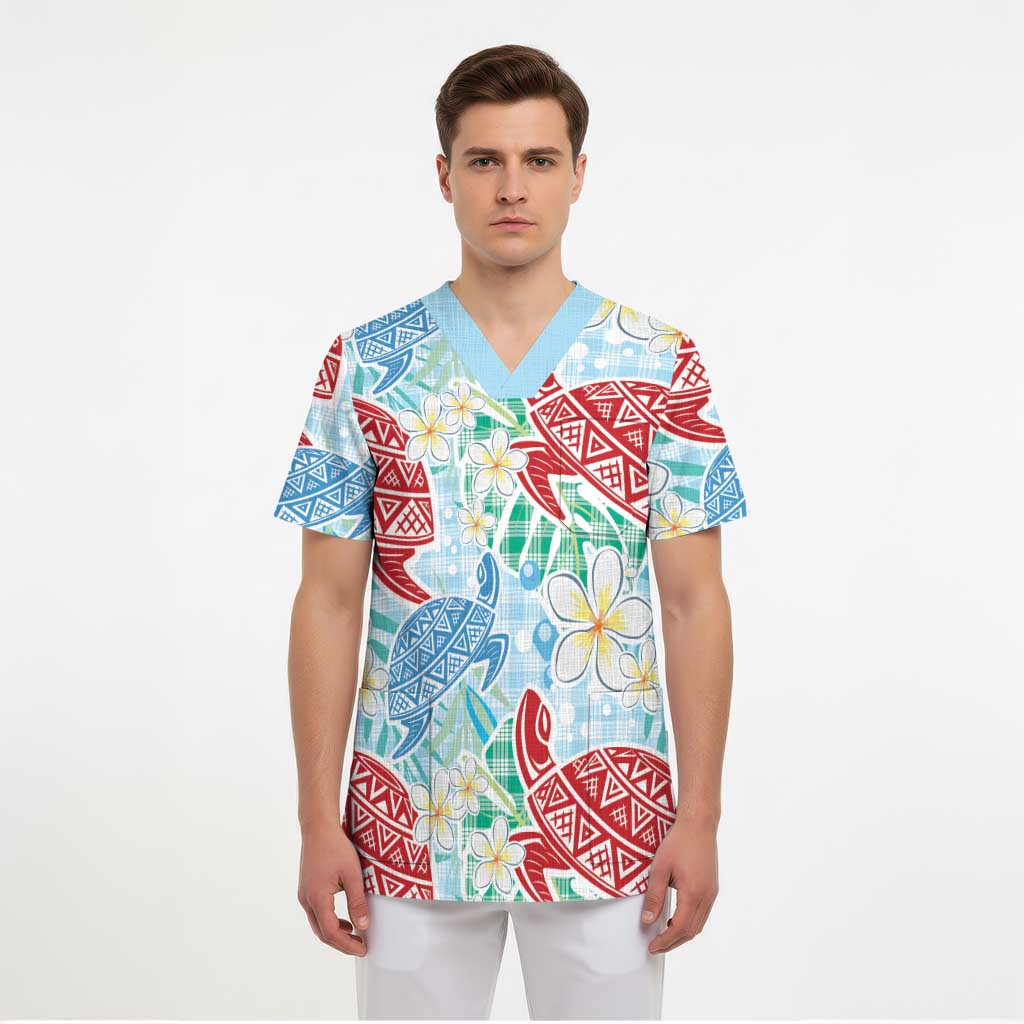 Palaka with Honu and Plumeria Scrub Top Hawaiian Heritage Spirit - Polynesian Pride