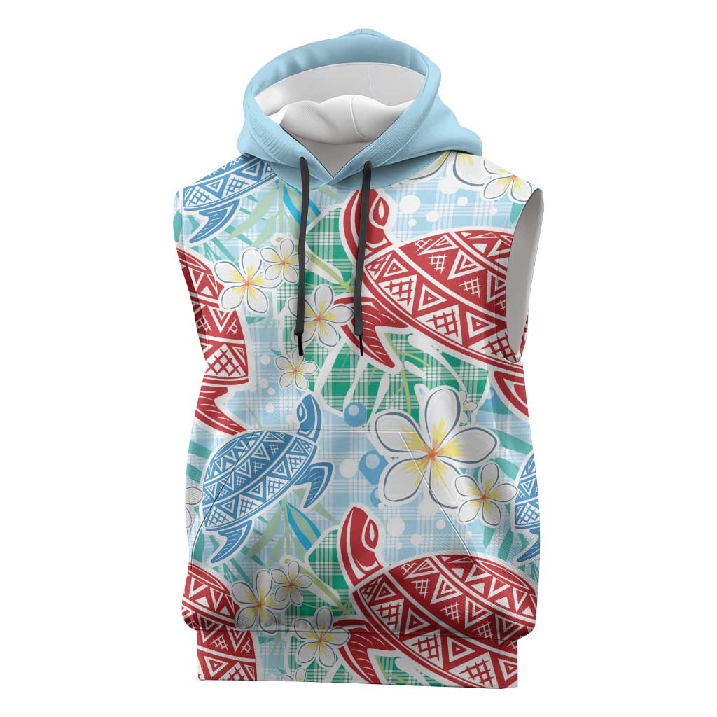 Palaka with Honu and Plumeria Sleeveless Hoodie Hawaiian Heritage Spirit - Polynesian Pride