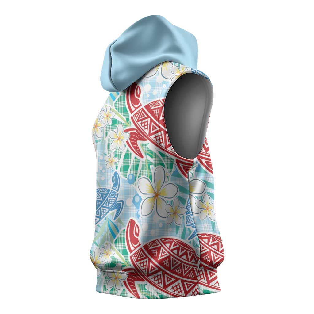 Palaka with Honu and Plumeria Sleeveless Hoodie Hawaiian Heritage Spirit - Polynesian Pride