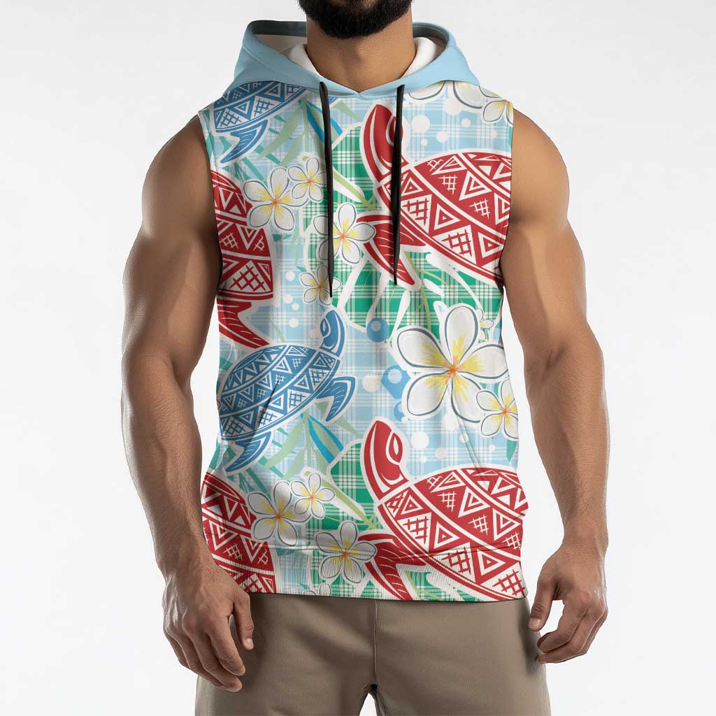 Palaka with Honu and Plumeria Sleeveless Hoodie Hawaiian Heritage Spirit - Polynesian Pride
