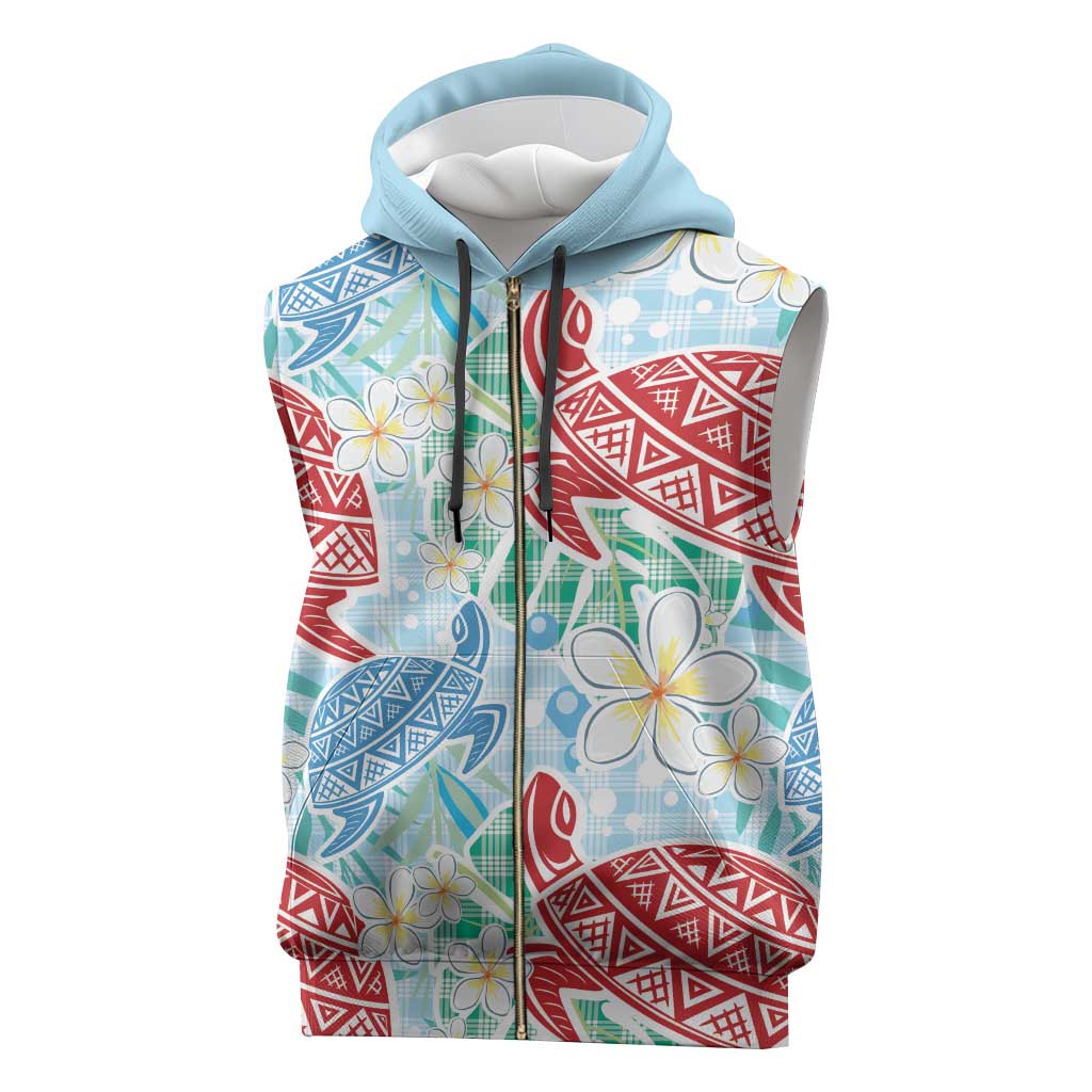 Palaka with Honu and Plumeria Sleeveless Zip Hoodie Hawaiian Heritage Spirit - Polynesian Pride