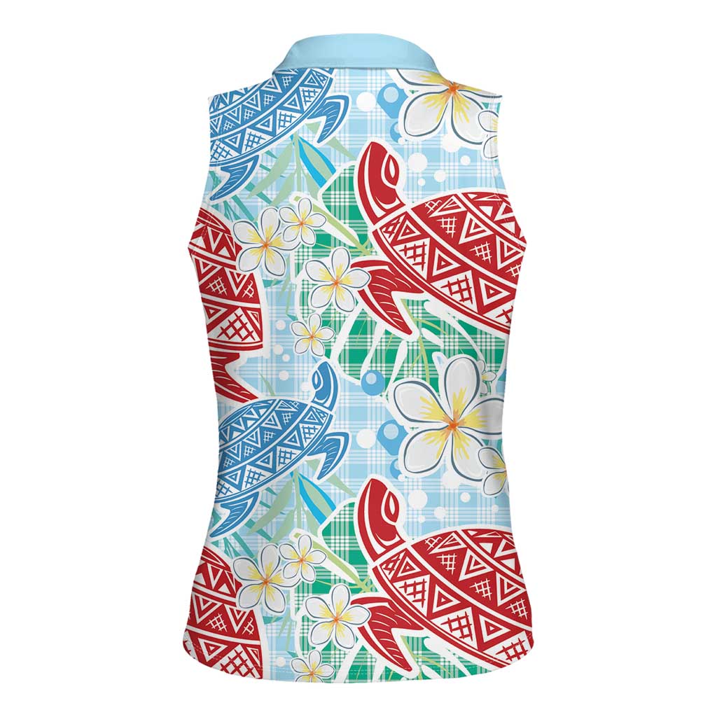 Palaka with Honu and Plumeria Women Sleeveless Polo Shirt Hawaiian Heritage Spirit - Polynesian Pride