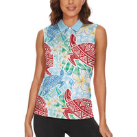 Palaka with Honu and Plumeria Women Sleeveless Polo Shirt Hawaiian Heritage Spirit - Polynesian Pride