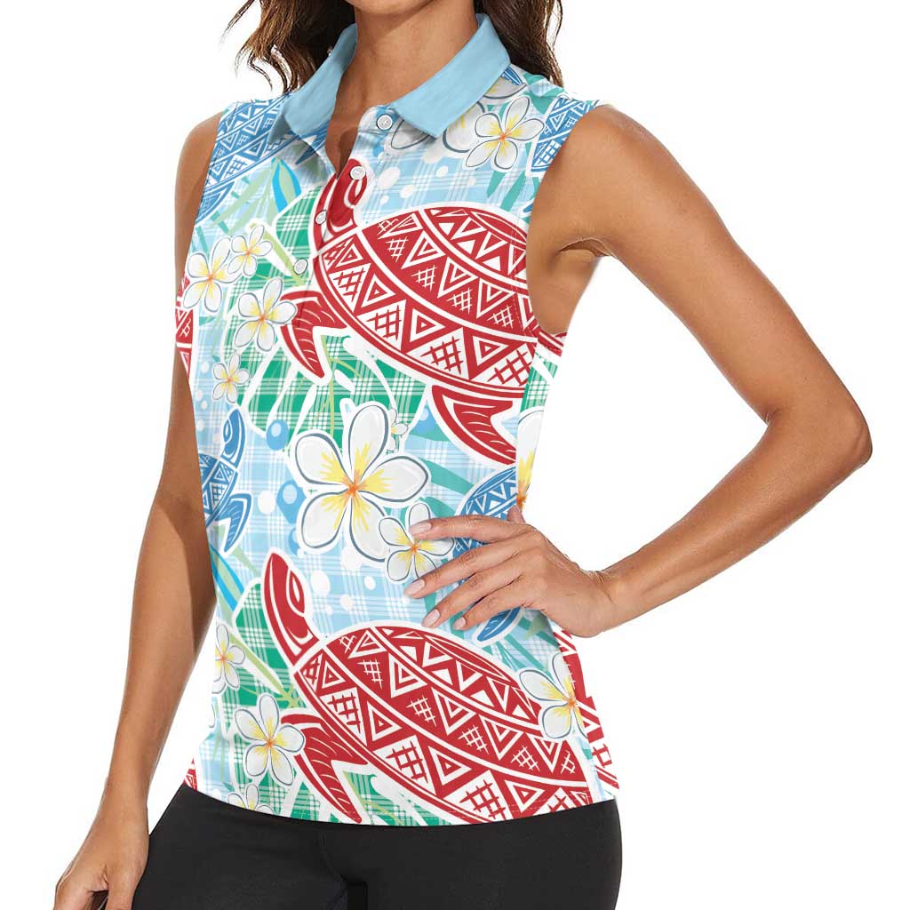 Palaka with Honu and Plumeria Women Sleeveless Polo Shirt Hawaiian Heritage Spirit - Polynesian Pride