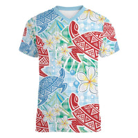 Palaka with Honu and Plumeria Women V-Neck T-Shirt Hawaiian Heritage Spirit - Polynesian Pride