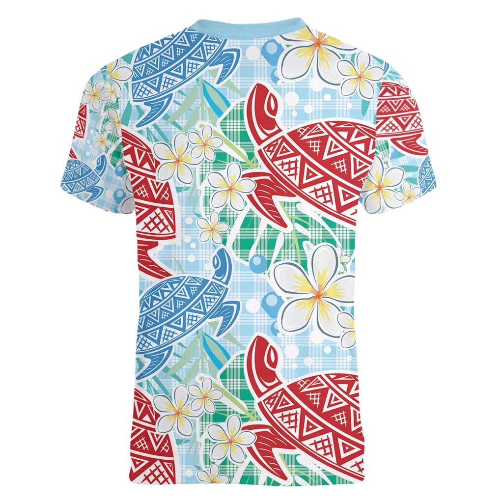Palaka with Honu and Plumeria Women V-Neck T-Shirt Hawaiian Heritage Spirit - Polynesian Pride