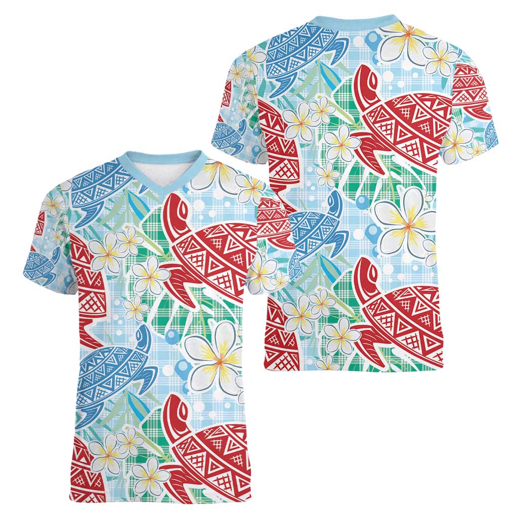 Palaka with Honu and Plumeria Women V-Neck T-Shirt Hawaiian Heritage Spirit - Polynesian Pride