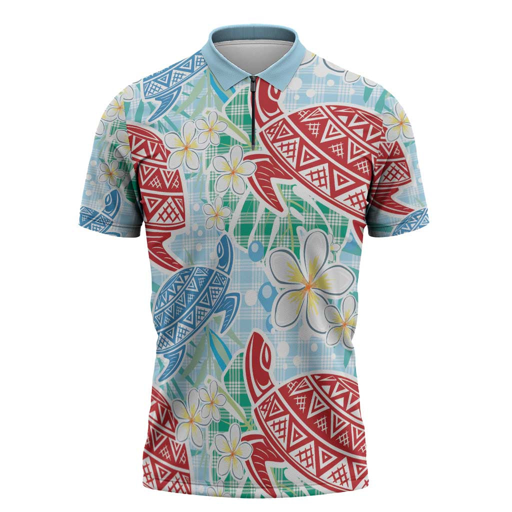 Palaka with Honu and Plumeria Zipper Polo Shirt Hawaiian Heritage Spirit - Polynesian Pride