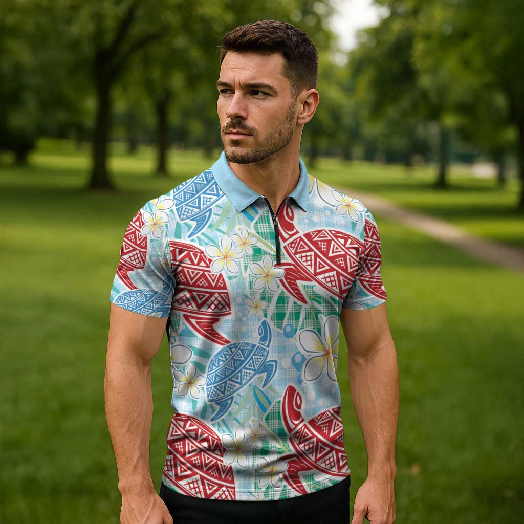Palaka with Honu and Plumeria Zipper Polo Shirt Hawaiian Heritage Spirit - Polynesian Pride