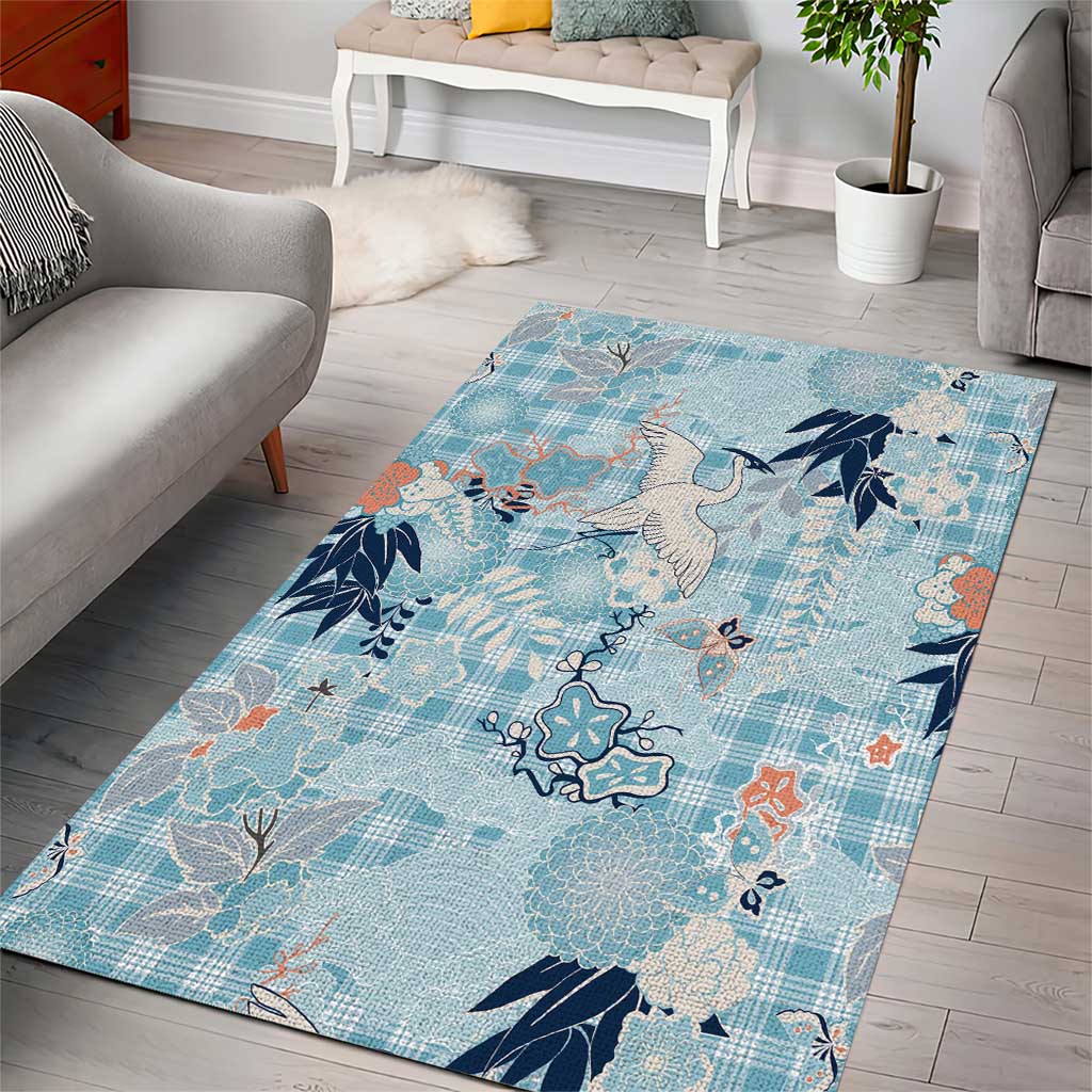 Blue Palaka Crane and Flowers Area Rug Japan Heritage Spirit - Polynesian Pride