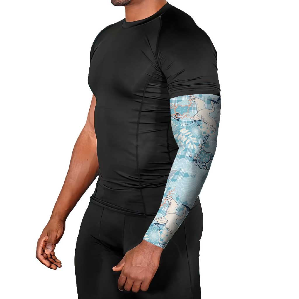 Blue Palaka Crane and Flowers Arm Sleeves Japan Heritage Spirit - Polynesian Pride