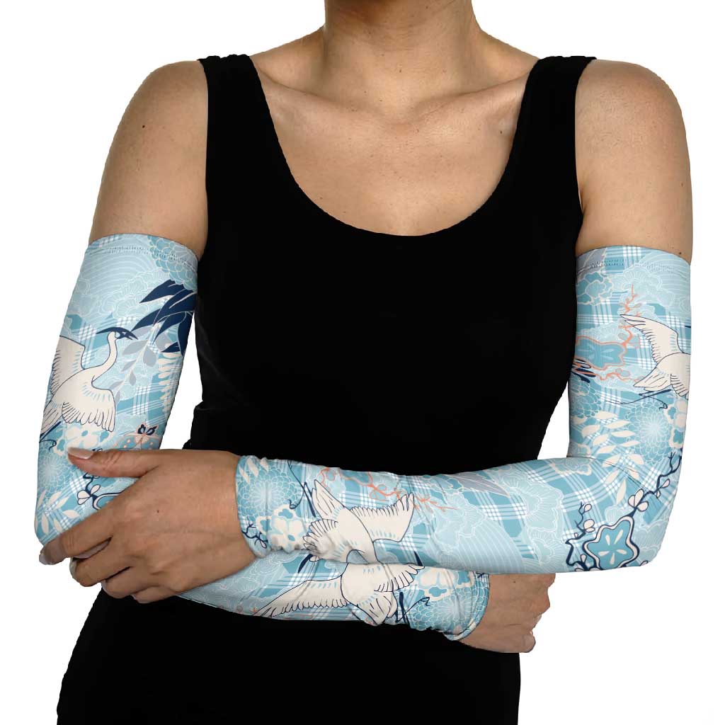 Blue Palaka Crane and Flowers Arm Sleeves Japan Heritage Spirit - Polynesian Pride