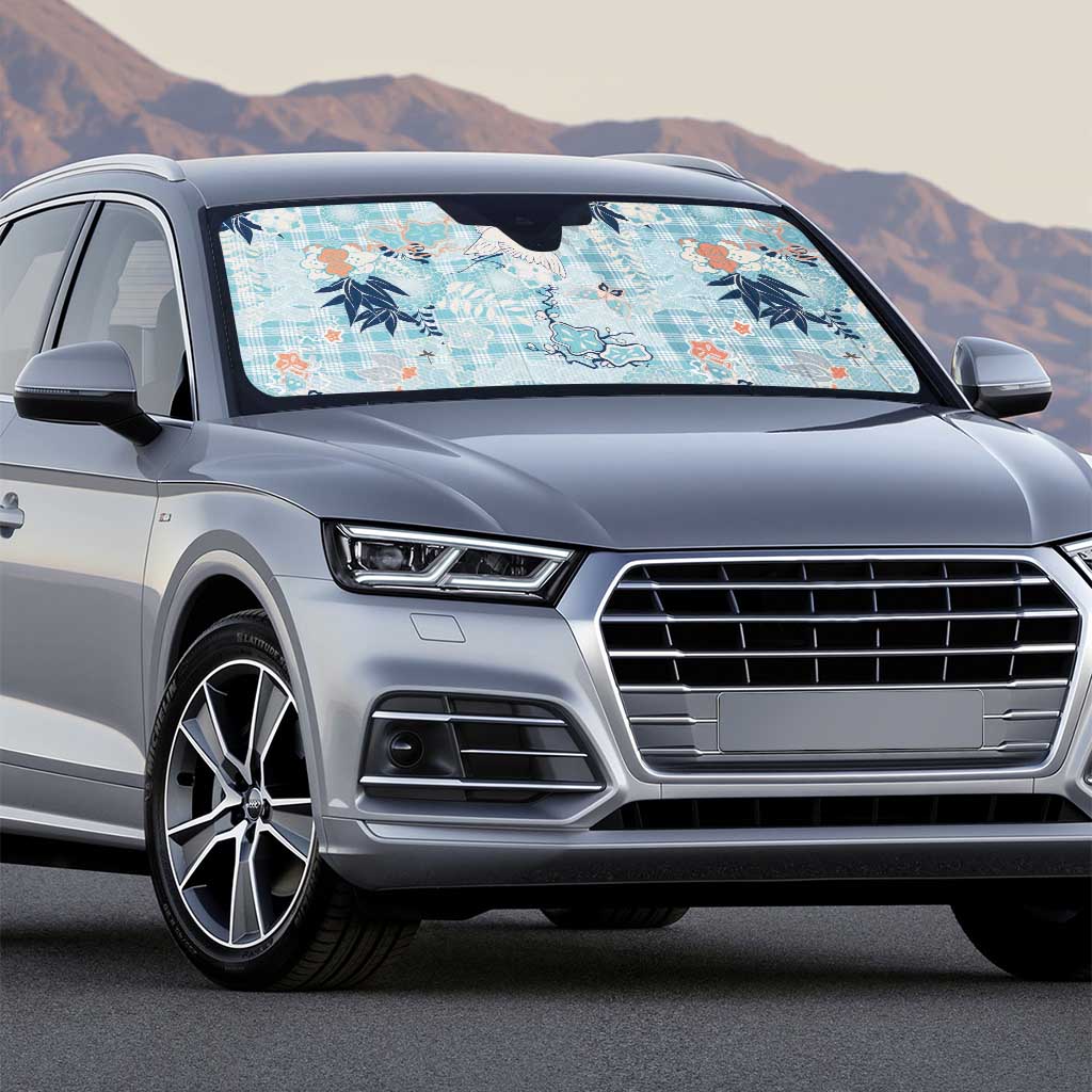 Blue Palaka Crane and Flowers Auto Sun Shade Japan Heritage Spirit - Polynesian Pride