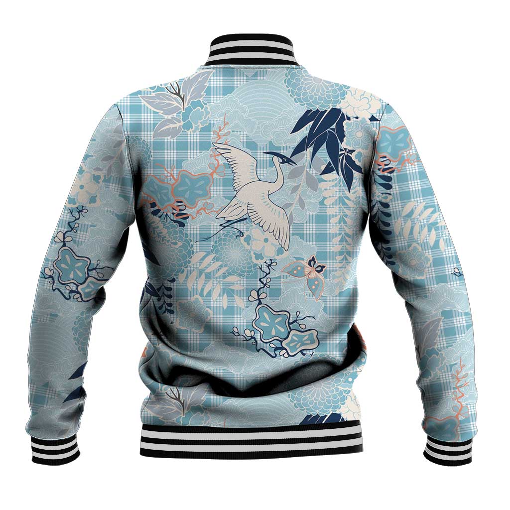 Blue Palaka Crane and Flowers Baseball Jacket Japan Heritage Spirit - Polynesian Pride