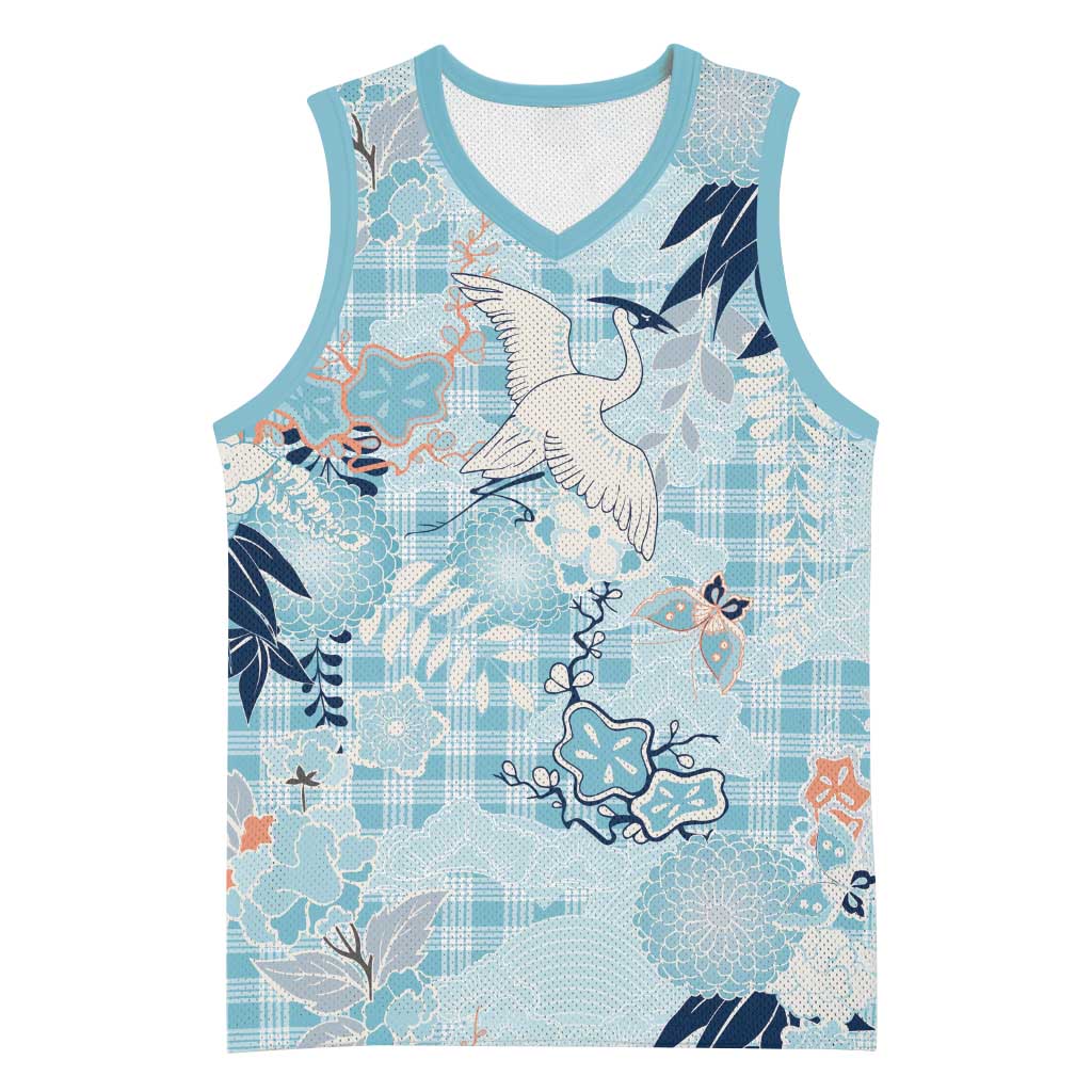 Blue Palaka Crane and Flowers Basketball Jersey Japan Heritage Spirit - Polynesian Pride