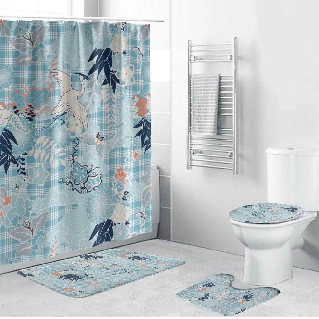 Blue Palaka Crane and Flowers Bathroom Set Japan Heritage Spirit - Polynesian Pride