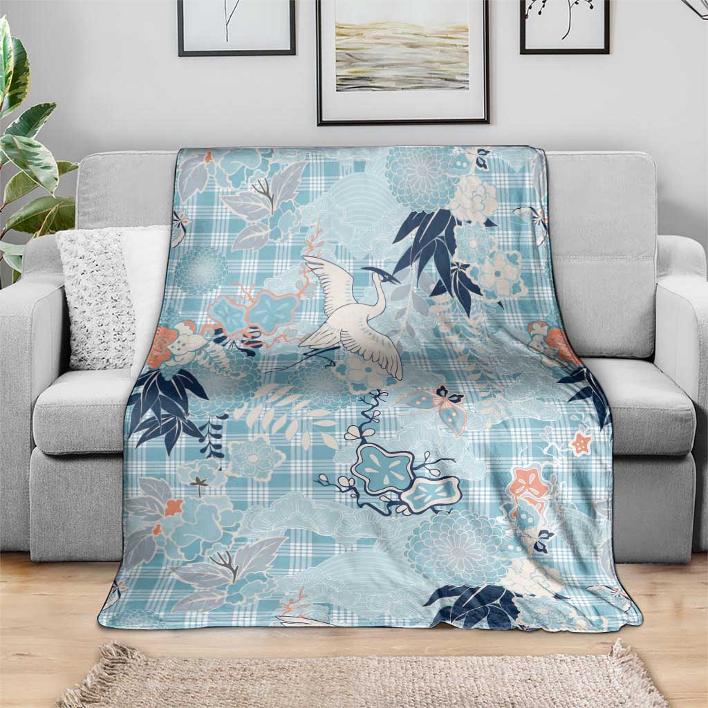 Blue Palaka Crane and Flowers Blanket Japan Heritage Spirit - Polynesian Pride