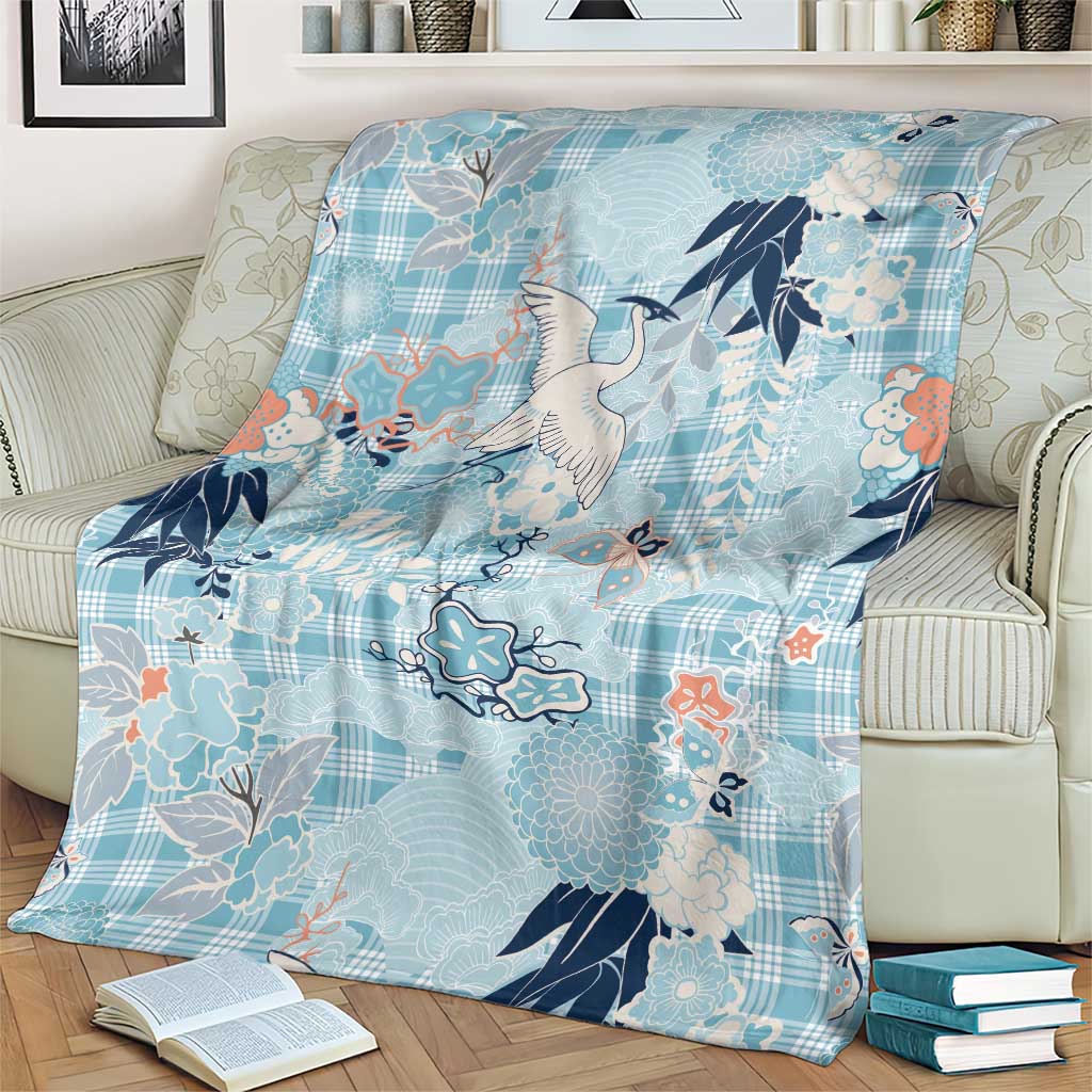 Blue Palaka Crane and Flowers Blanket Japan Heritage Spirit - Polynesian Pride