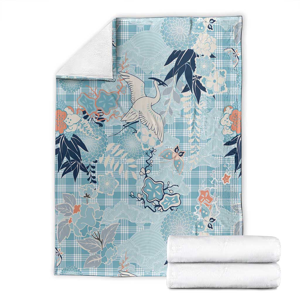 Blue Palaka Crane and Flowers Blanket Japan Heritage Spirit - Polynesian Pride