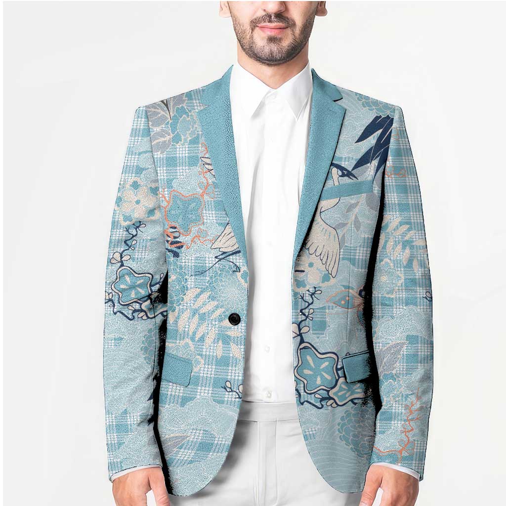 Blue Palaka Crane and Flowers Blazer Japan Heritage Spirit - Polynesian Pride