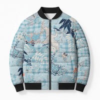Blue Palaka Crane and Flowers Bomber Puffer Jacket Japan Heritage Spirit - Polynesian Pride