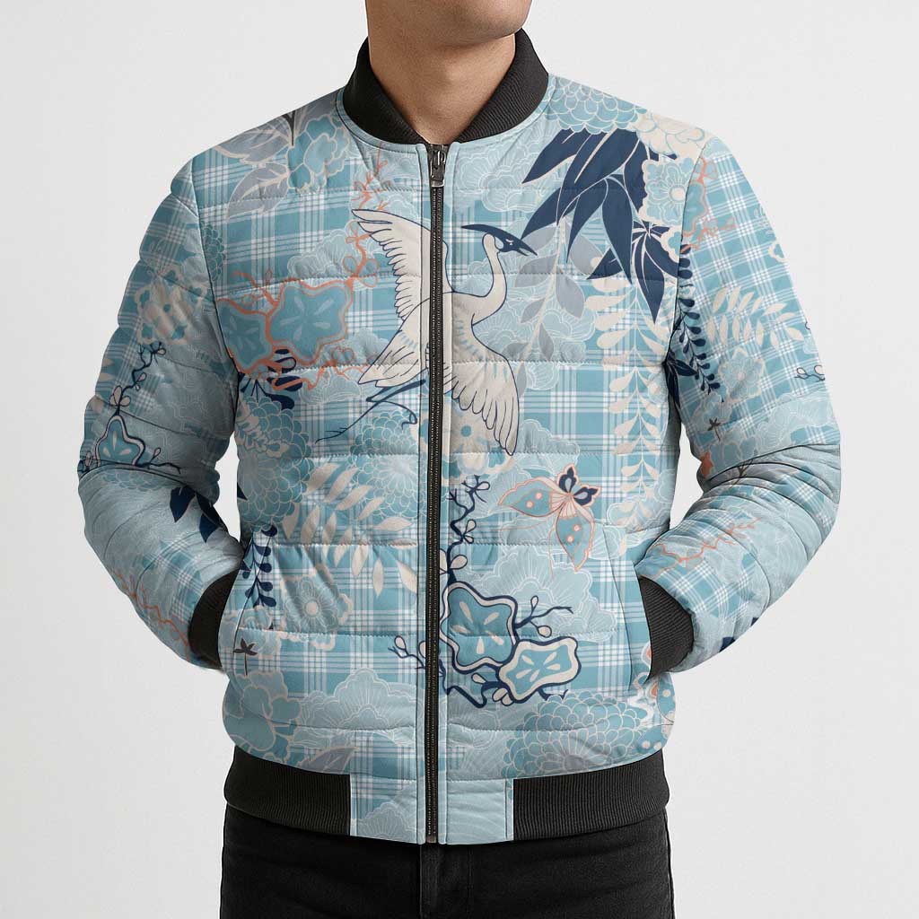 Blue Palaka Crane and Flowers Bomber Puffer Jacket Japan Heritage Spirit - Polynesian Pride