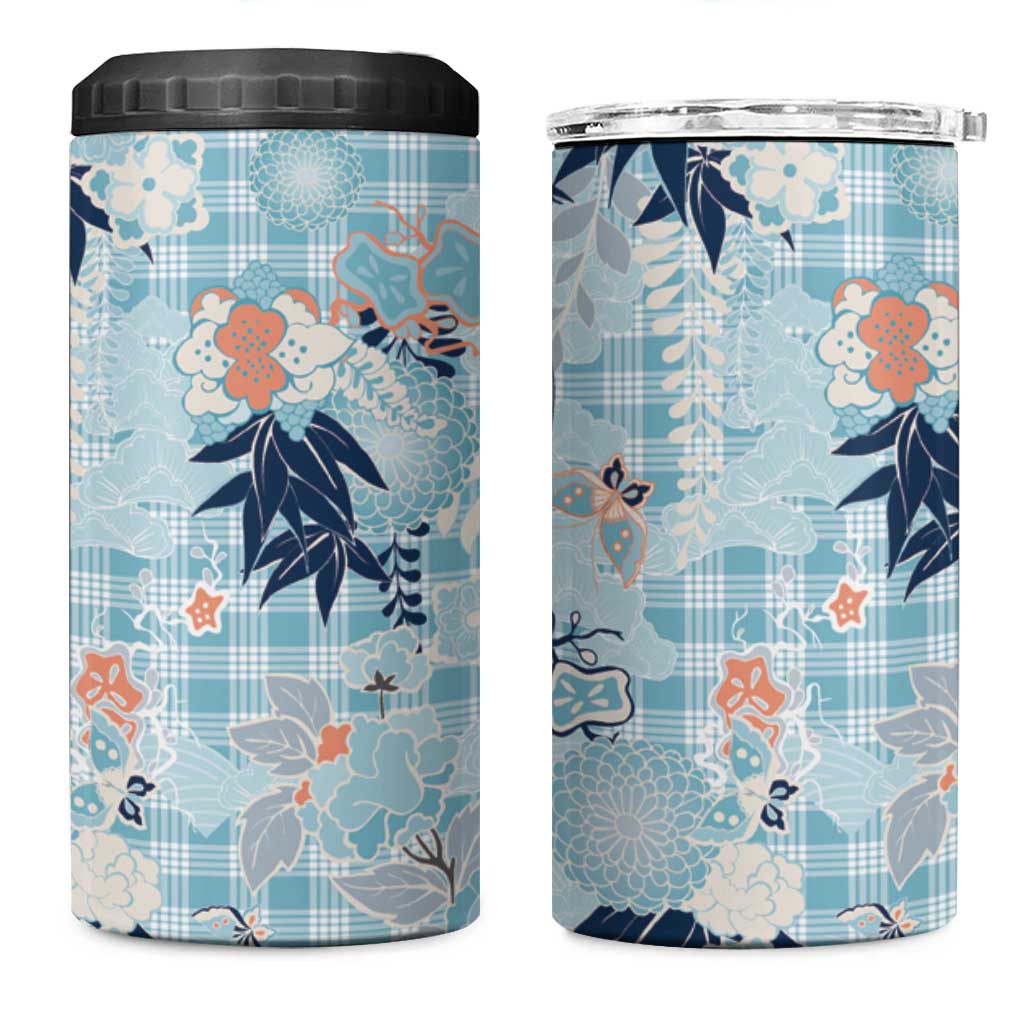 Blue Palaka Crane and Flowers 4 in 1 Can Cooler Tumbler Japan Heritage Spirit - Polynesian Pride