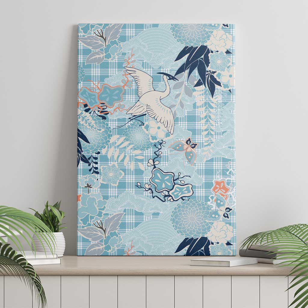 Blue Palaka Crane and Flowers Canvas Wall Art Japan Heritage Spirit - Polynesian Pride