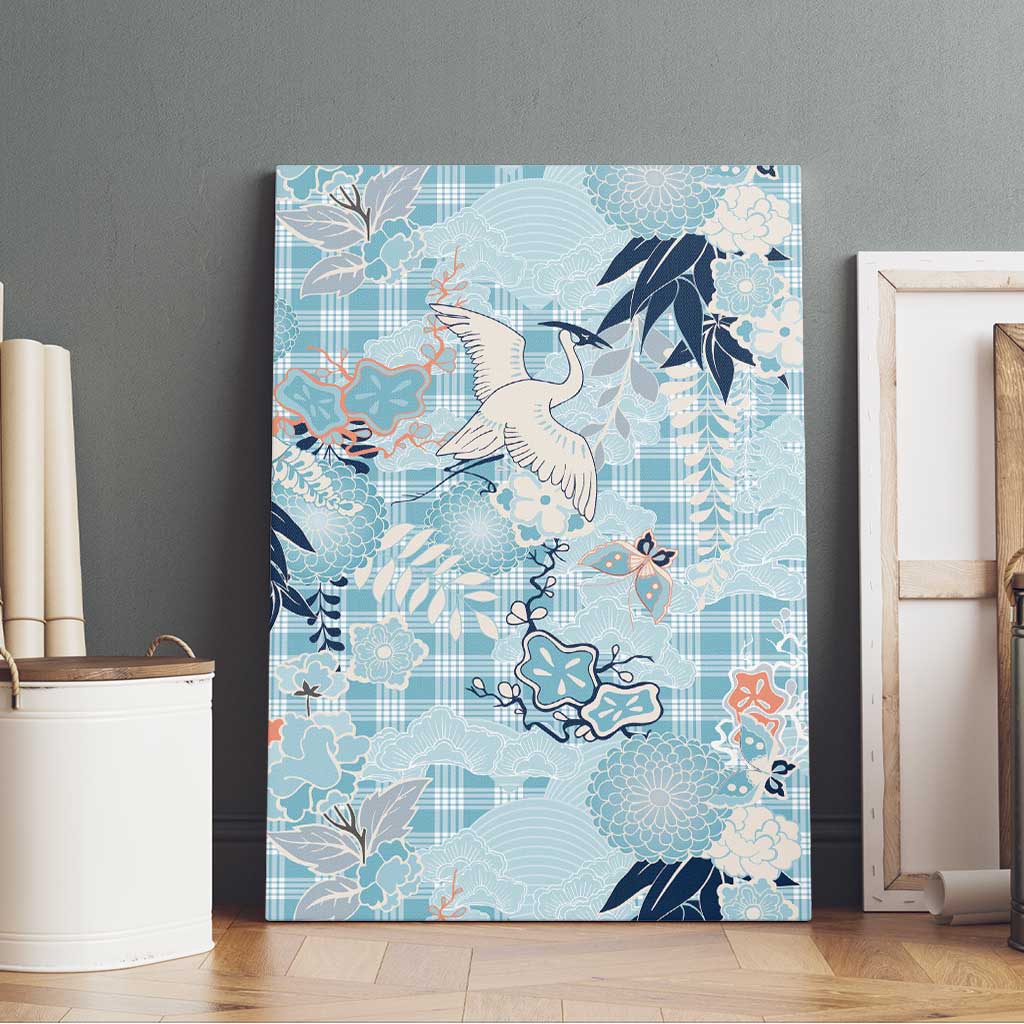 Blue Palaka Crane and Flowers Canvas Wall Art Japan Heritage Spirit - Polynesian Pride