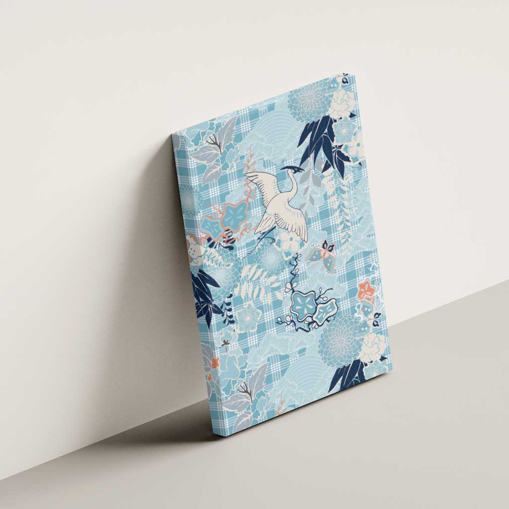 Blue Palaka Crane and Flowers Canvas Wall Art Japan Heritage Spirit - Polynesian Pride