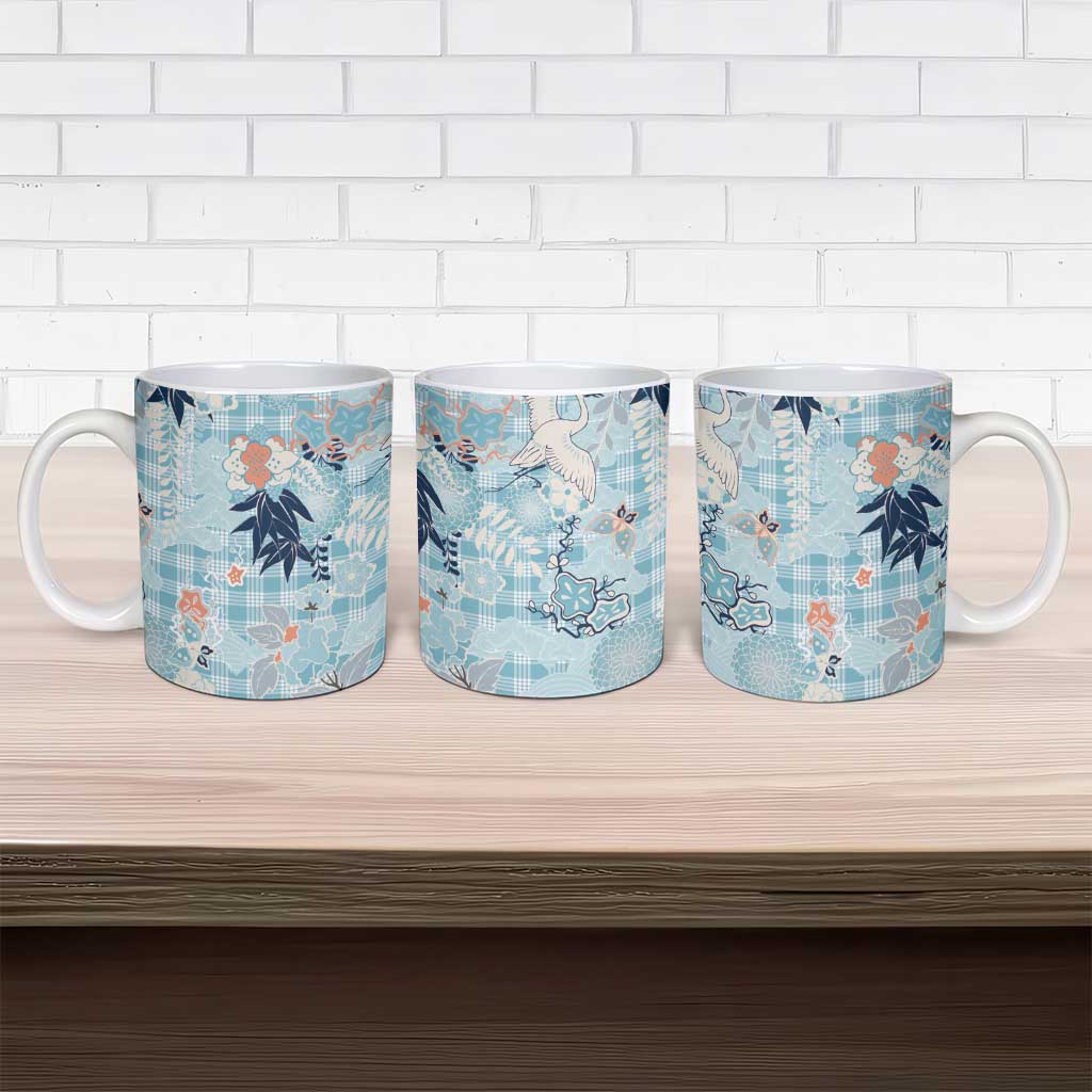 Blue Palaka Crane and Flowers Ceramic Mug Japan Heritage Spirit - Polynesian Pride