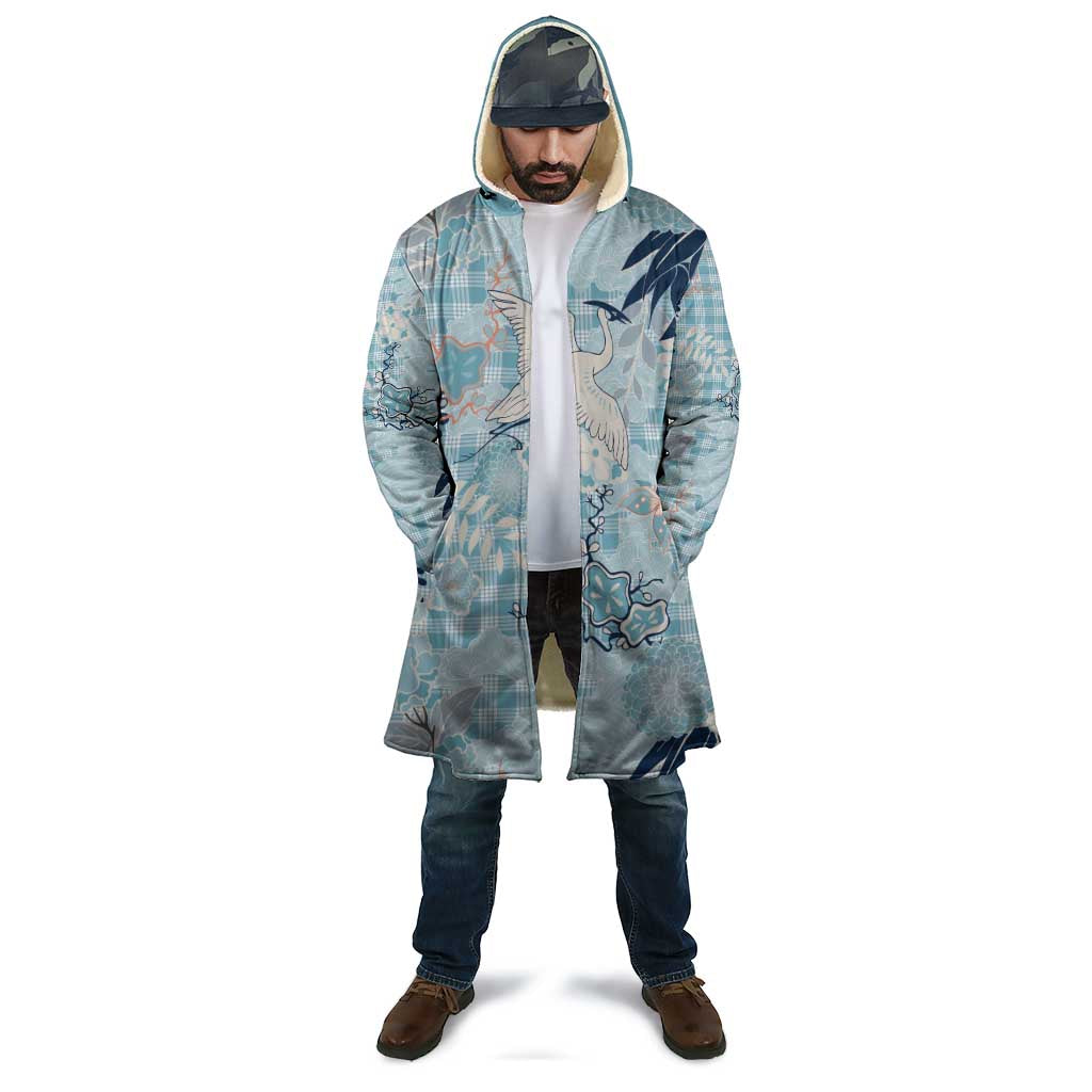 Blue Palaka Crane and Flowers Cloak Japan Heritage Spirit - Polynesian Pride