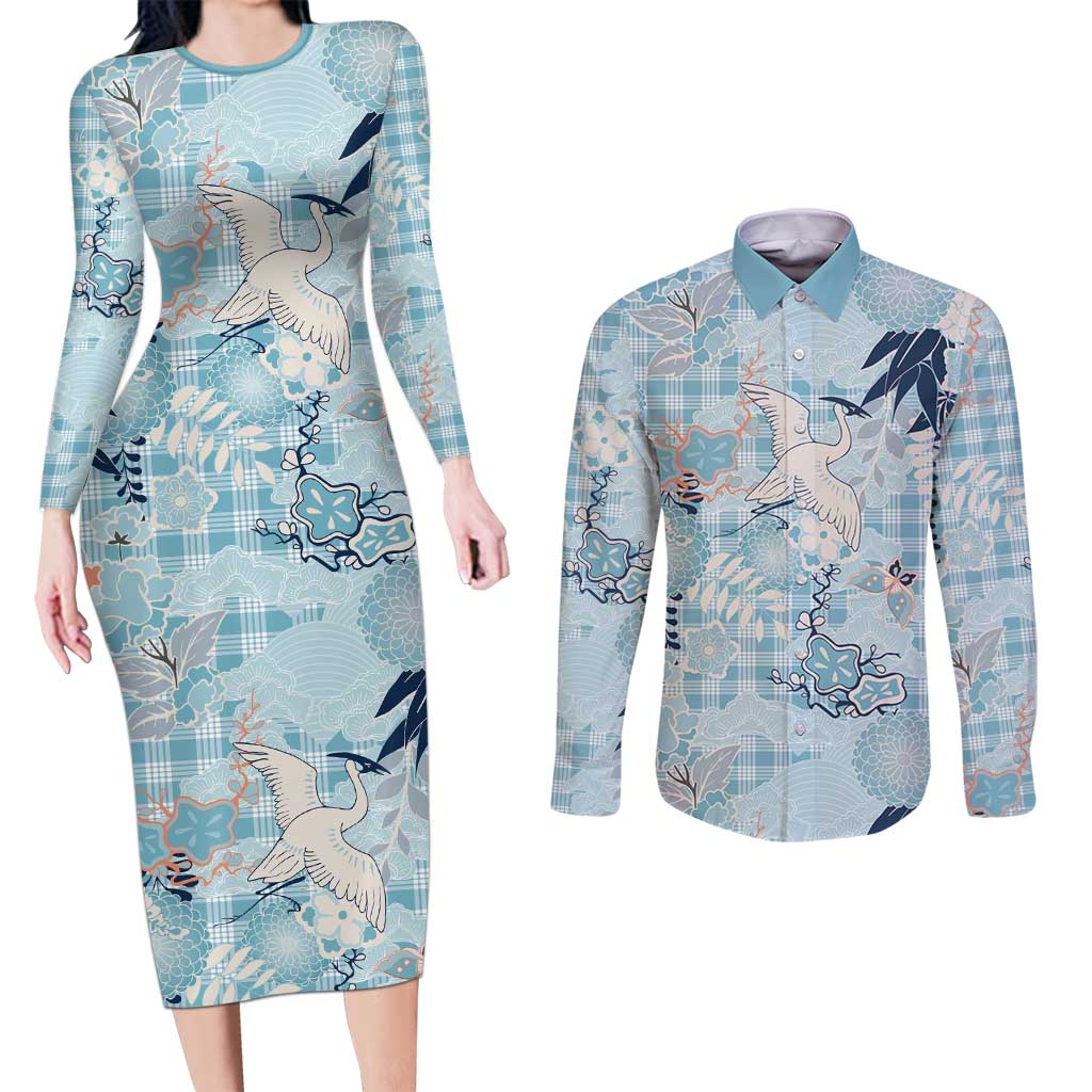 Blue Palaka Crane and Flowers Couples Matching Long Sleeve Bodycon Dress and Long Sleeve Button Shirt Japan Heritage Spirit - Polynesian Pride