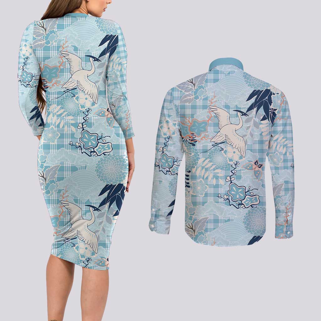 Blue Palaka Crane and Flowers Couples Matching Long Sleeve Bodycon Dress and Long Sleeve Button Shirt Japan Heritage Spirit - Polynesian Pride