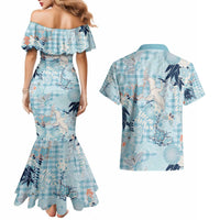 Blue Palaka Crane and Flowers Couples Matching Mermaid Dress and Hawaiian Shirt Japan Heritage Spirit - Polynesian Pride