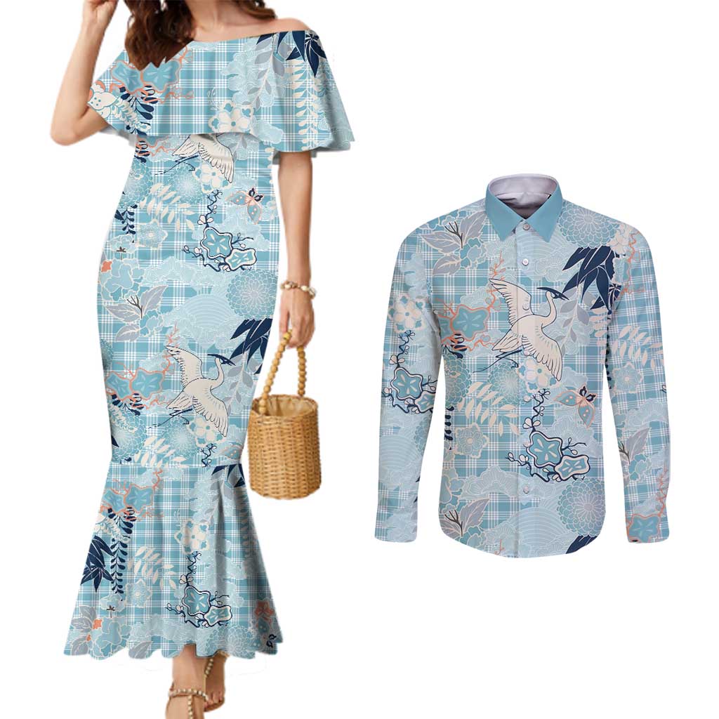 Blue Palaka Crane and Flowers Couples Matching Mermaid Dress and Long Sleeve Button Shirt Japan Heritage Spirit - Polynesian Pride