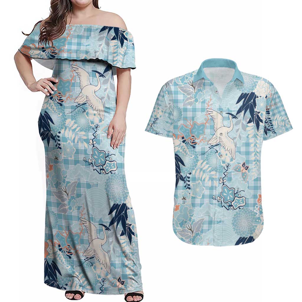 Blue Palaka Crane and Flowers Couples Matching Off Shoulder Maxi Dress and Hawaiian Shirt Japan Heritage Spirit - Polynesian Pride