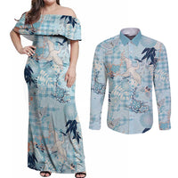 Blue Palaka Crane and Flowers Couples Matching Off Shoulder Maxi Dress and Long Sleeve Button Shirt Japan Heritage Spirit - Polynesian Pride